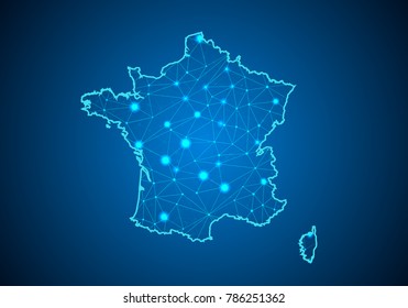 Abstract mash line and point scales on dark background with Map of france. Wire frame 3D mesh polygonal network line, design sphere, dot and structure. communications map of france. Vector