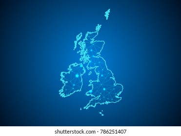 Abstract mash line and point scales on dark background with Map of united Kingdom. Wire frame 3D mesh polygonal network line, design sphere, dot and structure. communications map of united Kingdom.