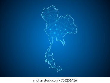 Abstract mash line and point scales on dark background with Map of Thailand. Wire frame 3D mesh polygonal network line, design sphere, dot and structure. communications map of Thailand. Vector.
