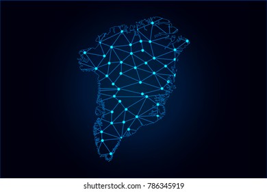 Abstract mash line and point scales on dark background with map of Greenland (Denmark). Wire frame 3D mesh polygonal network line, design sphere, dot and structure. Vector illustration eps 10.