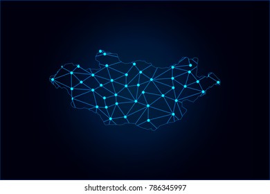 Abstract mash line and point scales on dark background with map of Mongolia. Wire frame 3D mesh polygonal network line, design sphere, dot and structure. Vector illustration eps 10.