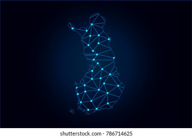 Abstract mash line and point scales on dark background with map of Finland. Wire frame 3D mesh polygonal network line, design sphere, dot and structure. Vector illustration eps 10.