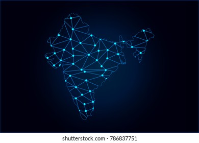 Abstract mash line and point scales on dark background with map of India. Wire frame 3D mesh polygonal network line, design sphere, dot and structure. Vector illustration eps 10.