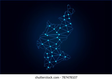 Abstract mash line and point scales on dark background with map of Korea. Wire frame 3D mesh polygonal network line, design sphere, dot and structure. Vector illustration eps 10.