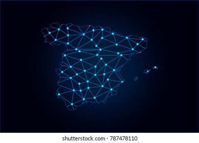Abstract mash line and point scales on dark background with map of Spain. Wire frame 3D mesh polygonal network line, design sphere, dot and structure. Vector illustration eps 10.