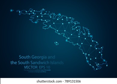 Abstract mash line and point scales on dark background with map of South Georgia and the South Sandwich Islands. Wire frame 3D mesh polygonal network line, design sphere. Vector illustration eps 10.