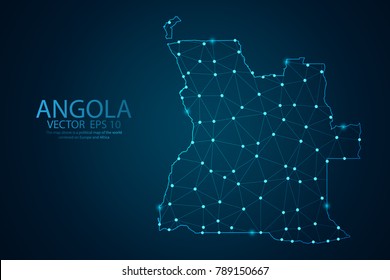 Abstract mash line and point scales on dark background with map of Angola. Wire frame 3D mesh polygonal network line, design sphere, dot and structure. Vector illustration eps 10.