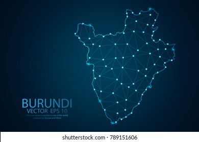 Abstract mash line and point scales on dark background with map of Burundi. Wire frame 3D mesh polygonal network line, design sphere, dot and structure. Vector illustration eps 10.