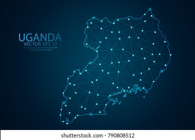 Abstract mash line and point scales on dark background with map of Uganda. Wire frame 3D mesh polygonal network line, design sphere, dot and structure. Vector illustration eps 10.