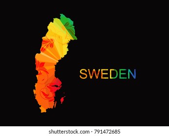 Abstract mash line and point scales on dark background with map of Sweden. Wire frame mesh polygonal network line, design sphere, color and structure. Vector illustration