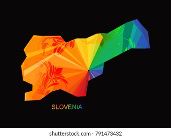 Abstract mash line and point scales on dark background with map of Slovenia. Wire frame mesh polygonal network line, design sphere, color and structure. Vector illustration