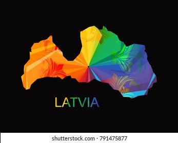 Abstract mash line and point scales on dark background with map of Latvia. Wire frame mesh polygonal network line, design sphere, color and structure. Vector illustration