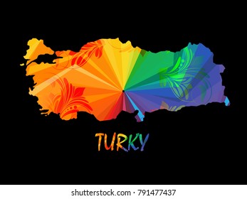 Abstract mash line and point scales on dark background with map of Turkey. Wire frame mesh polygonal network line, design sphere, color and structure. Vector illustration