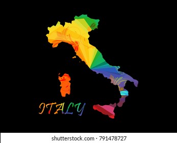 Abstract mash line and point scales on dark background with map of Italy. Wire frame mesh polygonal network line, design sphere, color and structure. Vector illustration