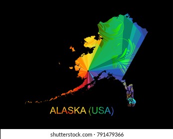Abstract mash line and point scales on dark background with map of Alaska. Wire frame mesh polygonal network line, design sphere, color and structure. Vector illustration