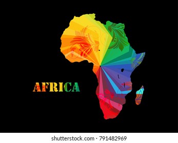 Abstract mash line and point scales on dark background with map of Africa. Wire frame mesh polygonal network line, design sphere, color and structure. Vector illustration