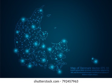 Abstract mash line and point scales on dark background with map of Denmark.3D mesh polygonal network line, design sphere, dot and structure. Vector illustration eps 10.