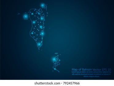 Abstract mash line and point scales on dark background with map of Bahrain.3D mesh polygonal network line, design sphere, dot and structure. Vector illustration eps 10.