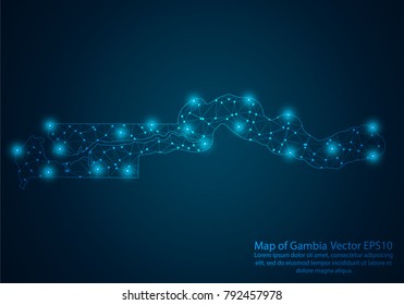 Abstract mash line and point scales on dark background with map of Gambia.3D mesh polygonal network line, design sphere, dot and structure. Vector illustration eps 10.