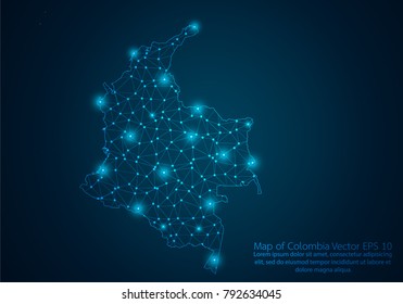 Abstract mash line and point scales on dark background with map of Colombia.3D mesh polygonal network line, design sphere, dot and structure. Vector illustration eps 10.