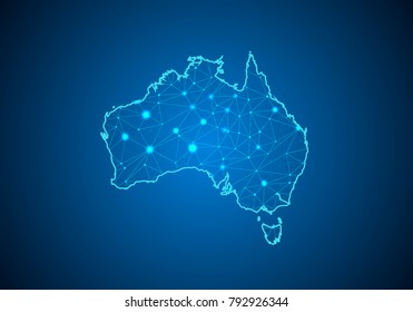 Abstract mash line and point scales on dark background with Map of australia. Wire frame 3D mesh polygonal network line, design sphere, dot and structure. communications map of australia. Vector.