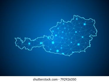 Abstract mash line and point scales on dark background with Map of austria. Wire frame 3D mesh polygonal network line, design sphere, dot and structure. communications map of austria. Vector.