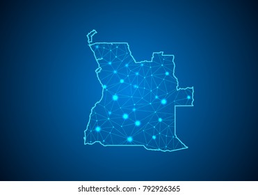 Abstract mash line and point scales on dark background with Map of angola. Wire frame 3D mesh polygonal network line, design sphere, dot and structure. communications map of angola. Vector.