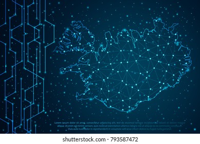 Abstract mash line and point scales on Circuit dark background with map of Iceland. Wire frame 3D mesh polygonal network line, design sphere, dot and structure. Vector illustration eps 10.