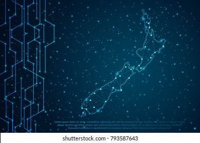 Abstract mash line and point scales on Circuit dark background with map of New Zealand. Wire frame 3D mesh polygonal network line, design sphere, dot and structure. Vector illustration eps 10.
