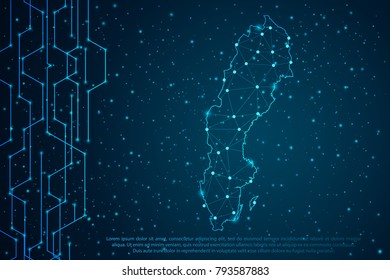 Abstract mash line and point scales on Circuit dark background with map of Sweden. Wire frame 3D mesh polygonal network line, design sphere, dot and structure. Vector illustration eps 10.