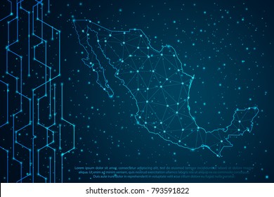 Abstract mash line and point scales on Circuit dark background with map of Mexico. Wire frame 3D mesh polygonal network line, design sphere, dot and structure. Vector illustration eps 10.