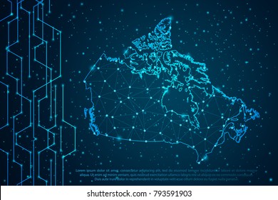 Abstract Mash Line And Point Scales On Circuit Dark Background With Map Of Canada. Wire Frame 3D Mesh Polygonal Network Line, Design Sphere, Dot And Structure. Vector Illustration Eps 10.