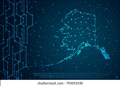 Abstract mash line and point scales on Circuit dark background with map of Alaska. Wire frame 3D mesh polygonal network line, design sphere, dot and structure. Vector illustration eps 10.