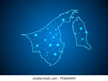 Abstract mash line and point scales on dark background with Map of brunei. Wire frame polygonal network line, design sphere, dot and structure. communications map of brunei. Vector illustration.