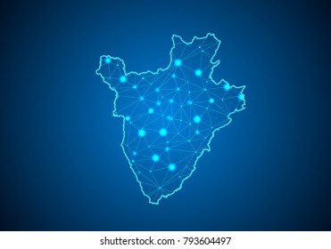 Abstract mash line and point scales on dark background with Map of burundi. Wire frame 3D mesh polygonal network line, design sphere, dot and structure. communications map of burundi.  Vector.