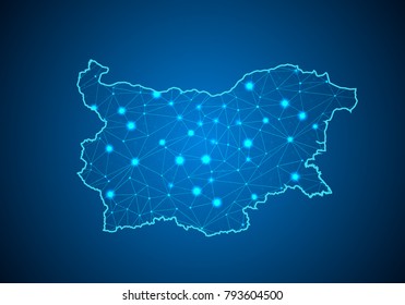 Abstract mash line and point scales on dark background with Map of bulgaria. Wire frame 3D mesh polygonal network line, design sphere, dot and structure. communications map of bulgaria.  Vector.