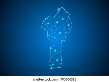 Abstract mash line and point scales on dark background with Map of benin. Wire frame 3D mesh polygonal network line, design sphere, dot and structure. communications map of benin. Vector illustration.