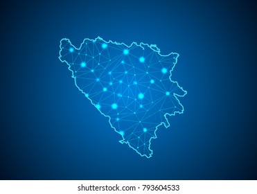Abstract mash line and point scales on dark background with Map of bosnia Herzegovina. Wire frame 3D mesh polygonal network line, design sphere, dot and structure. communications map of bosnia.