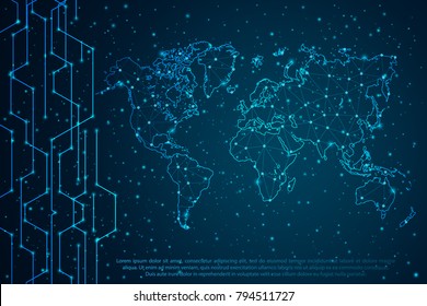 Abstract mash line and point scales on Circuit dark background with map of World. Wire frame 3D mesh polygonal network line, design sphere, dot and structure. Vector illustration eps 10.