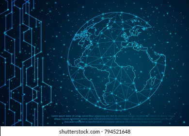 Abstract mash line and point scales on Circuit dark background with map of World representing the global. Wire frame 3D mesh polygonal network line, design sphere, dot and structure. Vector eps 10.