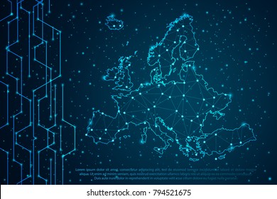 Abstract mash line and point scales on Circuit dark background with map of Europe. Wire frame 3D mesh polygonal network line, design sphere, dot and structure. Vector illustration eps 10.