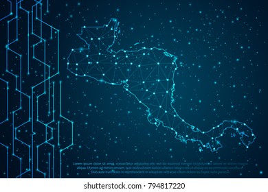 Abstract mash line and point scales on Circuit dark background with map of Central America. Wire frame 3D mesh polygonal network line, design sphere, dot and structure. Vector illustration eps 10.