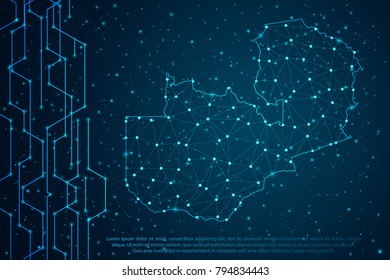 Abstract mash line and point scales on Circuit dark background with map of Zambia. Wire frame 3D mesh polygonal network line, design sphere, dot and structure. Vector illustration eps 10.