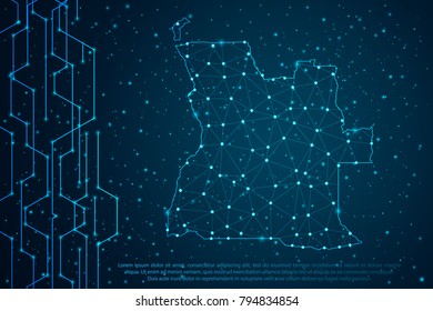 Abstract mash line and point scales on Circuit dark background with map of Angola. Wire frame 3D mesh polygonal network line, design sphere, dot and structure. Vector illustration eps 10.