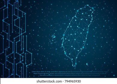 Abstract mash line and point scales on Circuit dark background with map of Taiwan. Wire frame 3D mesh polygonal network line, design sphere, dot and structure. Vector illustration eps 10.