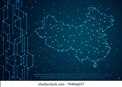 Abstract mash line and point scales on Circuit dark background with map of China. Wire frame 3D mesh polygonal network line, design sphere, dot and structure. Vector illustration eps 10.
