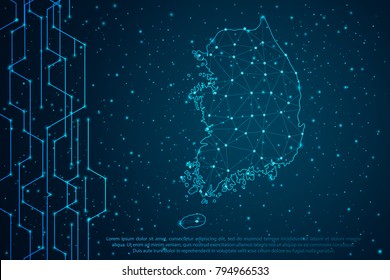 Abstract mash line and point scales on Circuit dark background with map of South Korea. Wire frame 3D mesh polygonal network line, design sphere, dot and structure. Vector illustration eps 10.