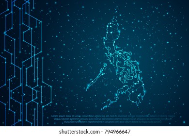Abstract mash line and point scales on Circuit dark background with map of Philippines. Wire frame 3D mesh polygonal network line, design sphere, dot and structure. Vector illustration eps 10.