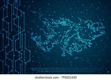 Abstract mash line and point scales on Circuit dark background with map of Falkland Islands. Wire frame 3D mesh polygonal network line, design sphere, dot and structure. Vector illustration eps 10.