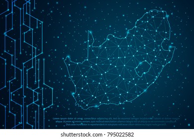 Abstract mash line and point scales on Circuit dark background with map of South Africa. Wire frame 3D mesh polygonal network line, design sphere, dot and structure. Vector illustration eps 10.